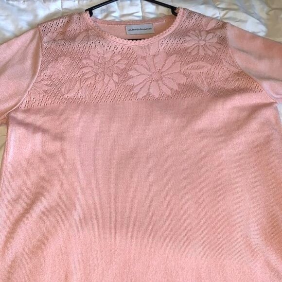 Alfred Dunner Pink Short-Sleeve Knit Top With Floral Lace Detail Womens Size L - Picture 2 of 9